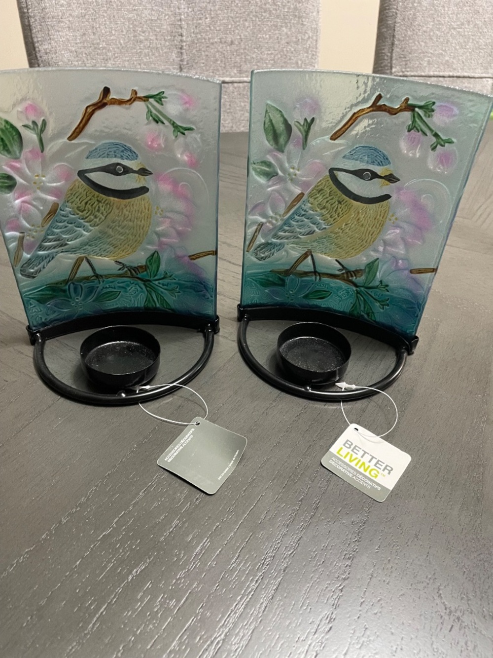 Decorative Bird Glass Candle Holders Set – Floral Bluebird Tea Light Votive Home - Picture 2 of 2